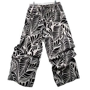 Mlle Gabrielle Dress Pants Womens XL Black Tropical Leaf Elastic Waist Wide Leg